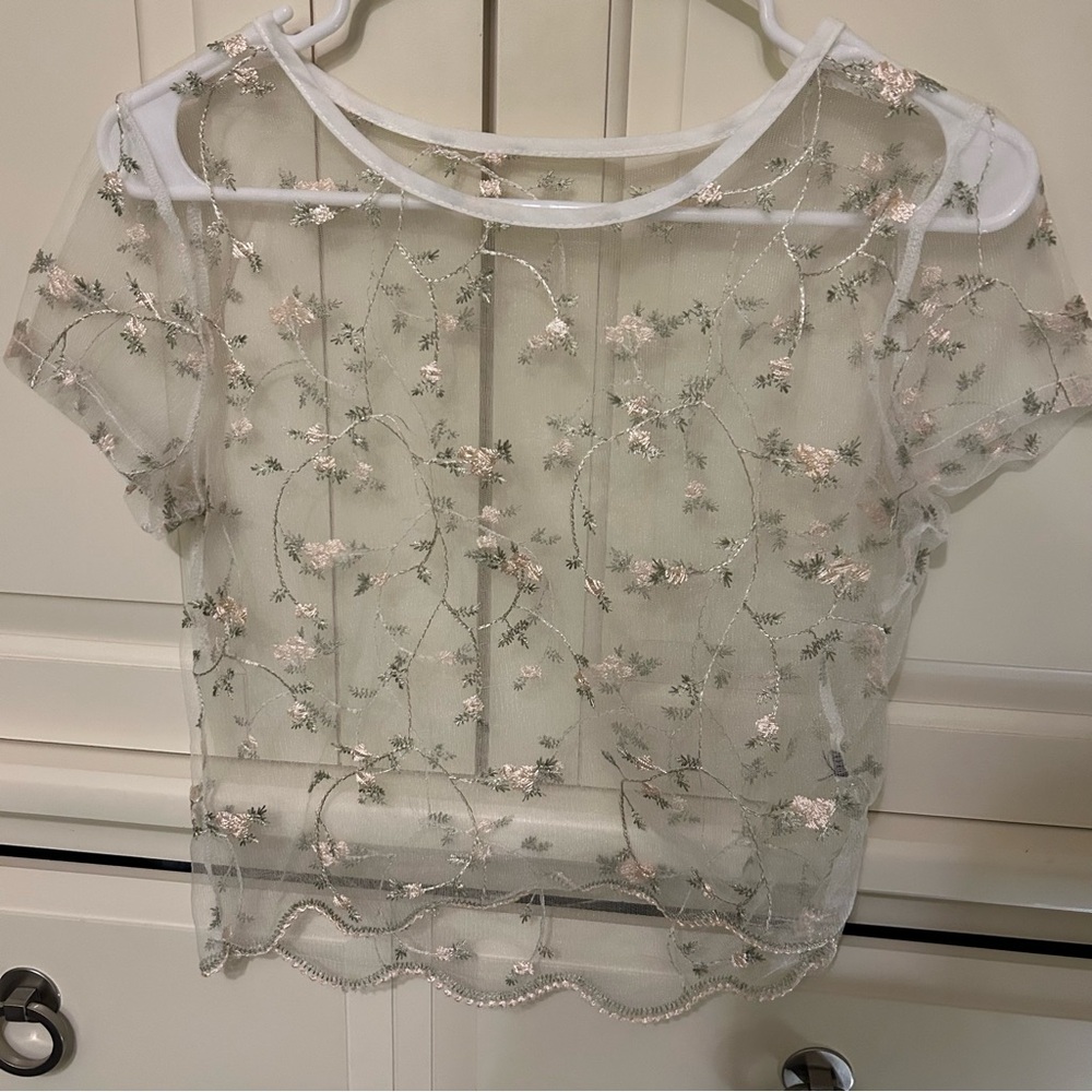 SHEIN Sheer Floral Embroidered Blouse